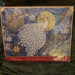 Punch Studio 12 Die- Cut Blue and Gold Peacock Paper Placemats . NWT